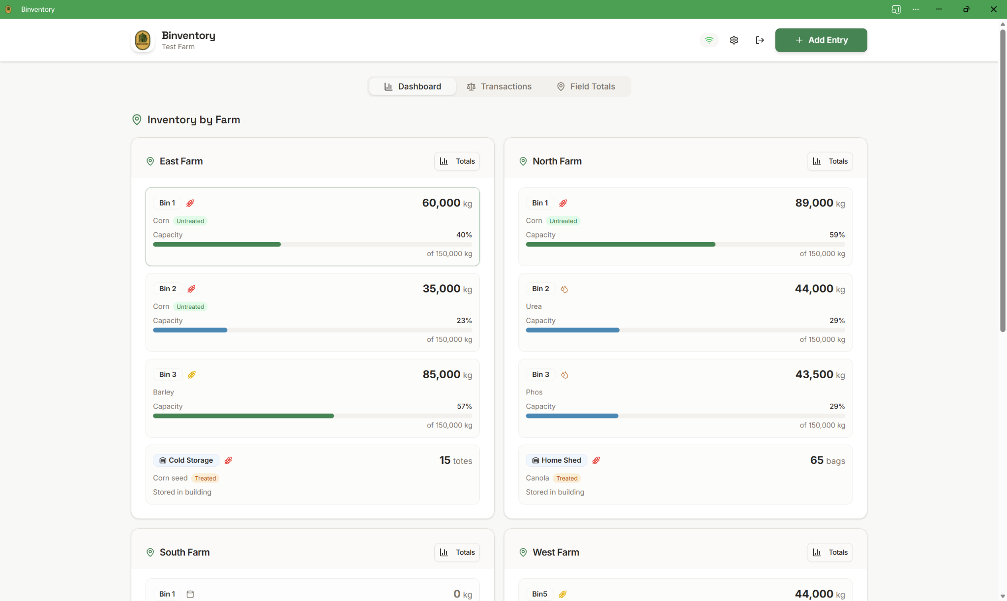 Binventory dashboard showing inventory by farm with capacity bars