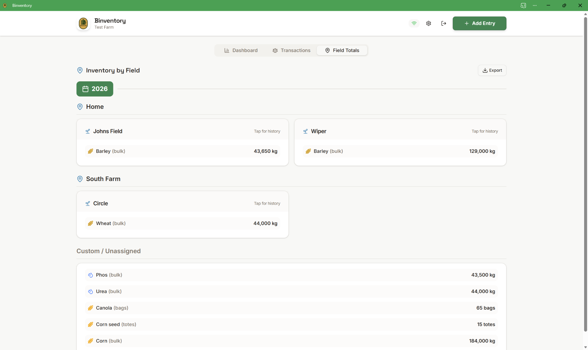 Inventory by field view with field totals