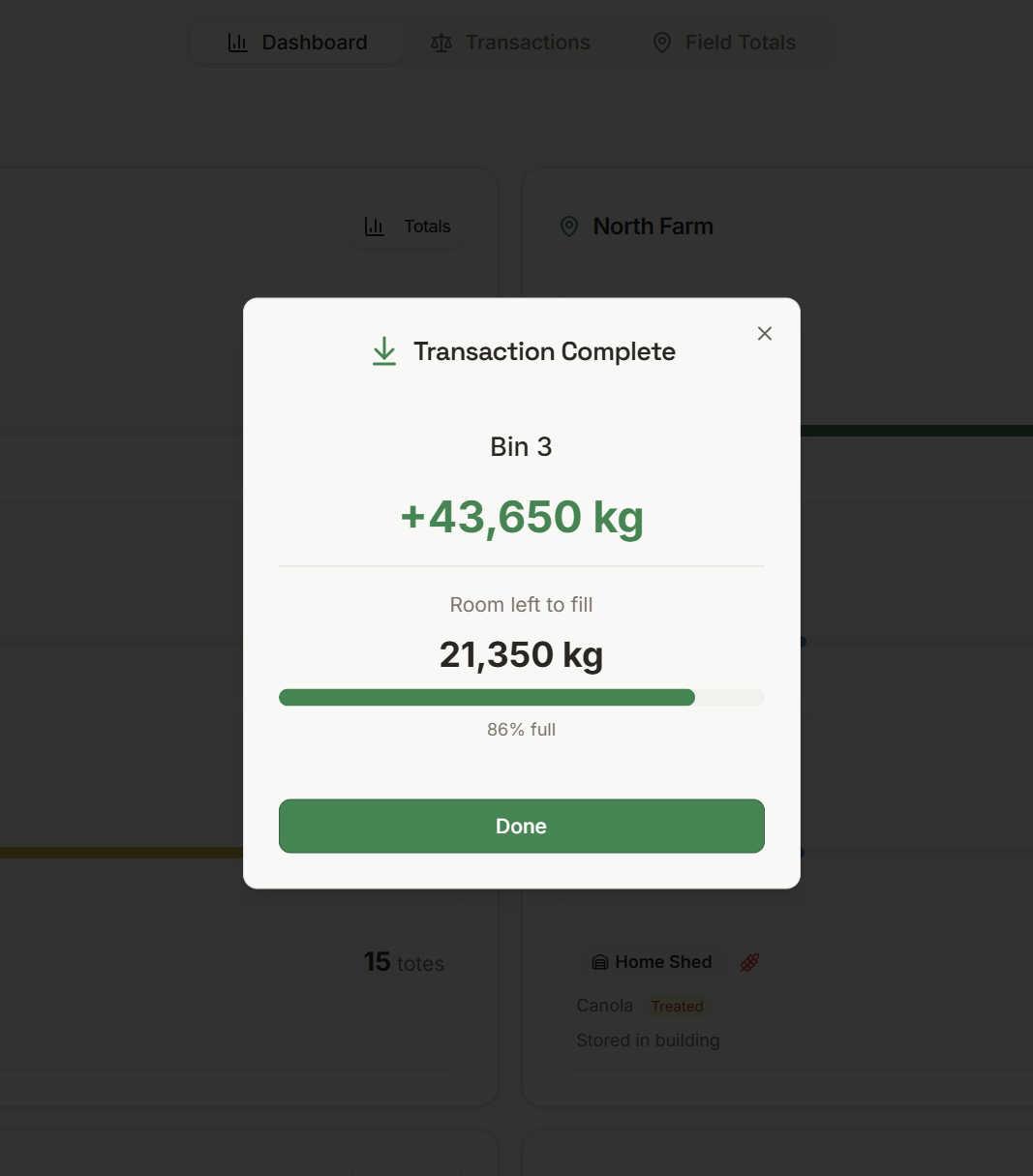 Transaction complete modal showing quantity and remaining capacity